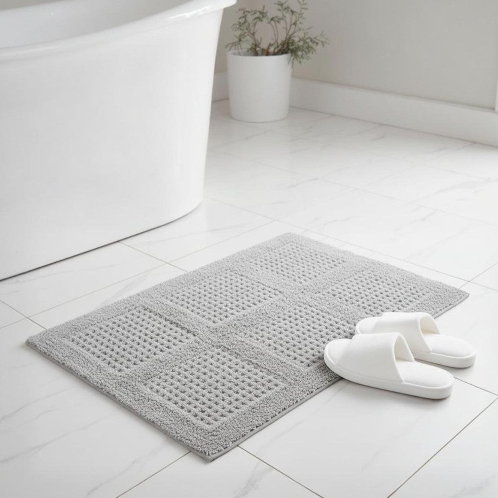 Waffley Cotton Bath Mat with Anti-Slip - 40x60cm, Light Grey
