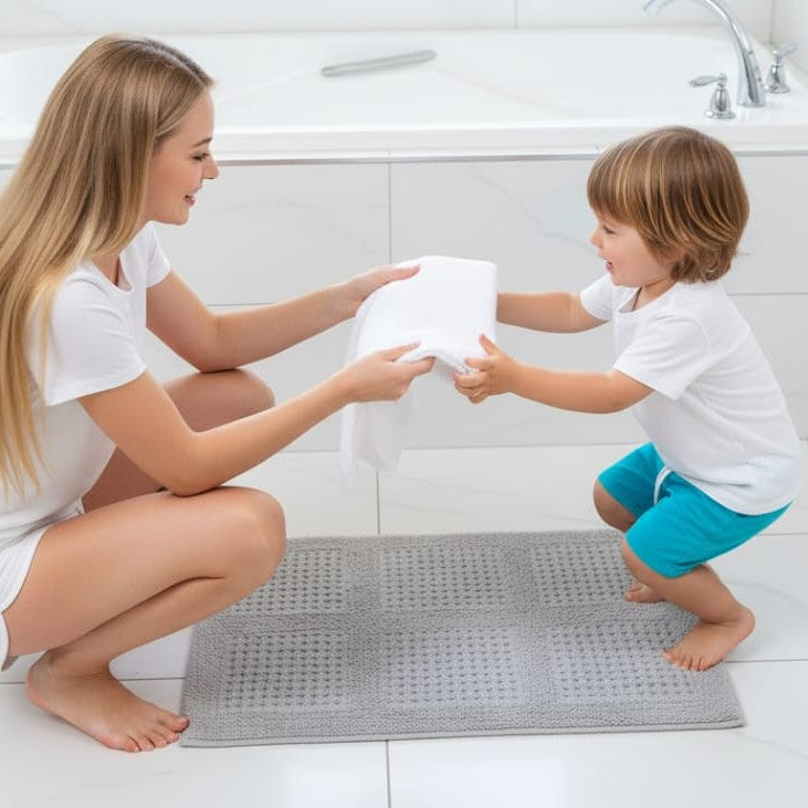 Waffley Cotton Bath Mat with Anti-Slip - 40x60cm, Light Grey