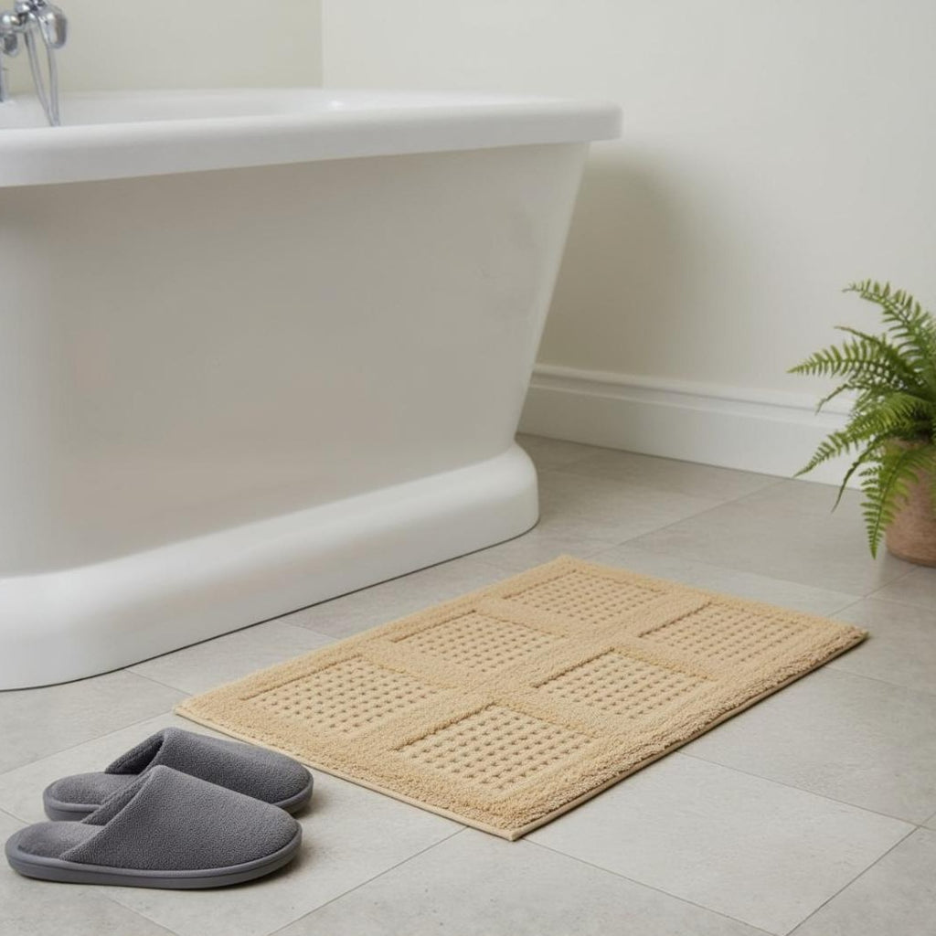 Waffley Cotton Bath Mat with Anti-Slip - 40x60cm, Beige