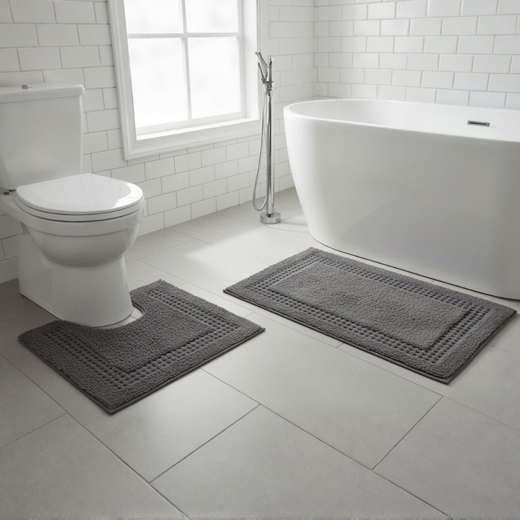 Meshi Cotton Anti-Slip 2 Pc Bath Mat Set – 50x80cm & 45x50cm, Grey