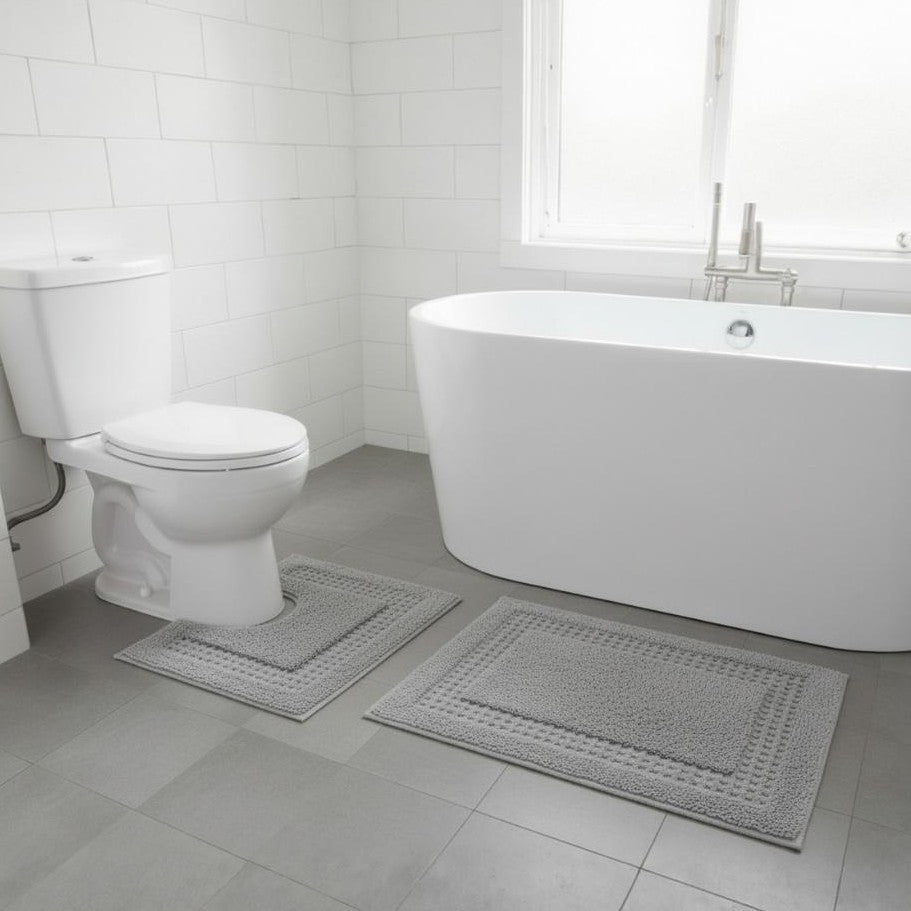 Meshi Cotton Anti-Slip 2 Pc Bath Mat Set – 50x80cm & 45x50cm, Light Grey