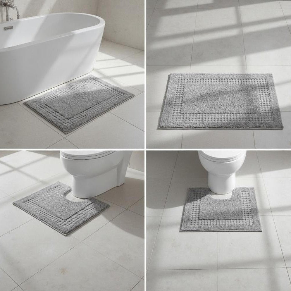 Meshi Cotton Anti-Slip 2 Pc Bath Mat Set – 50x80cm & 45x50cm, Light Grey