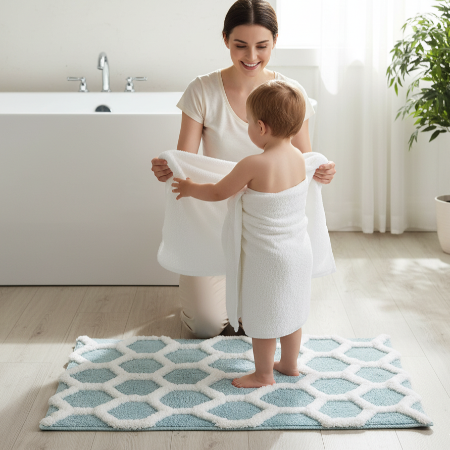 Hivee Cotton Bath Mat with Anti-Slip - 40x60cm, Light Blue