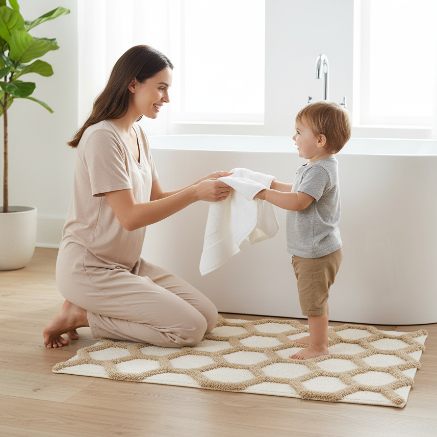 Hivee Cotton Bath Mat with Anti-Slip - 50x80cm, Ivory