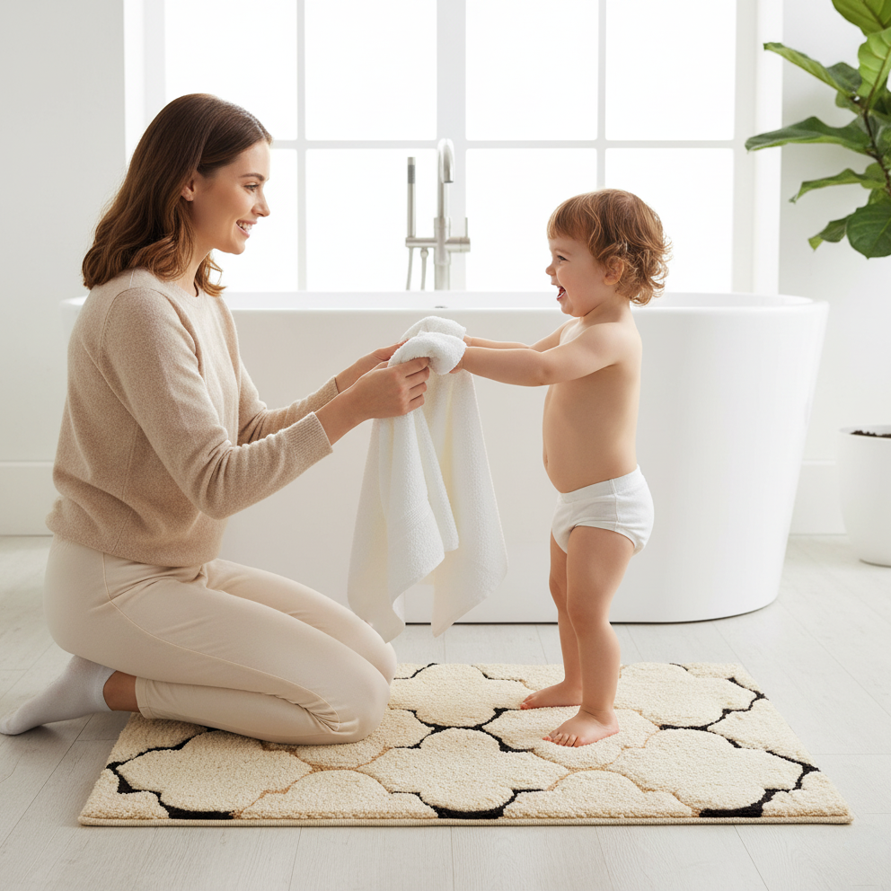 Trellis Cotton Bath Mat with Anti-Slip - 40x60cm, Ivory