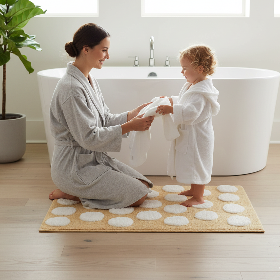 Polka Cotton Bath Mat with Anti-Slip - 40x60cm, Beige