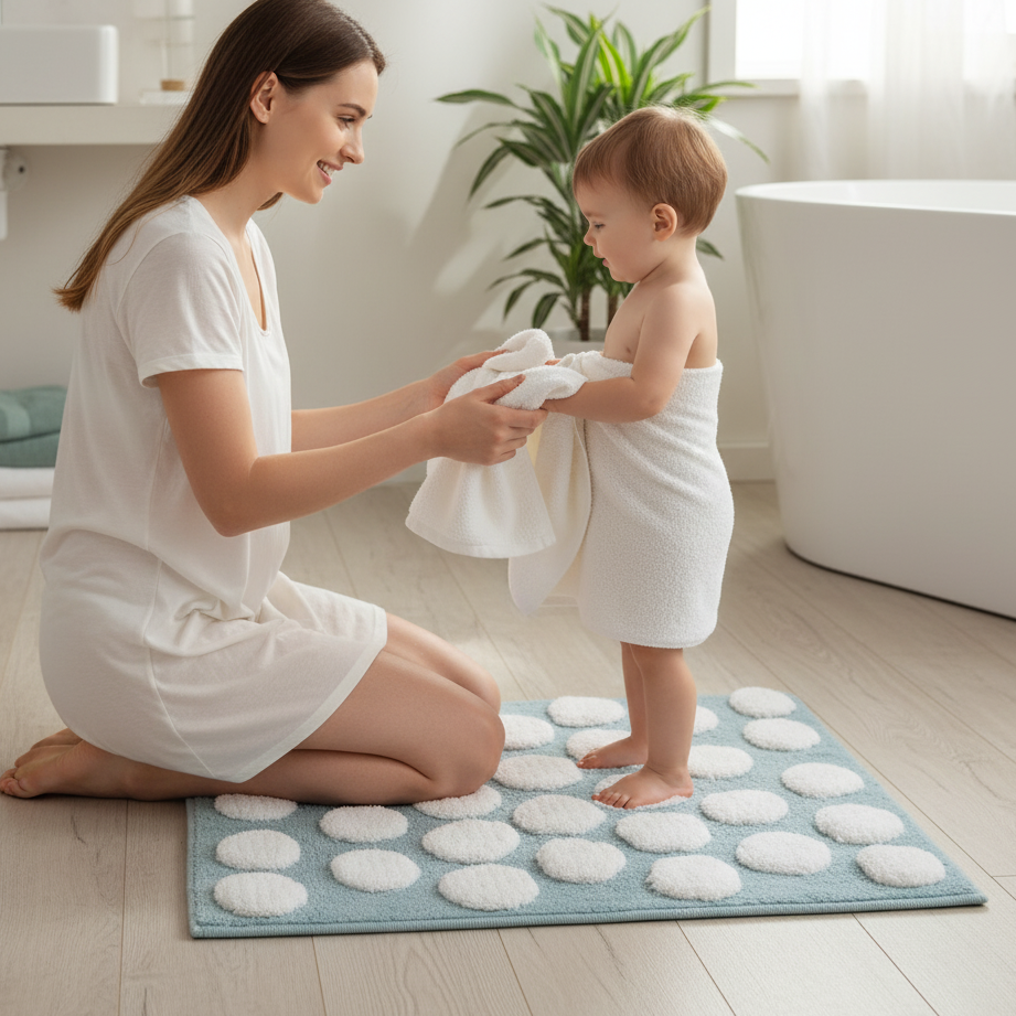 Polka Cotton Bath Mat with Anti-Slip - 40x60cm, Light Blue
