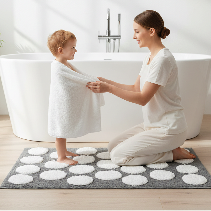 Polka Cotton Bath Mat with Anti-Slip - 40x60cm, Grey
