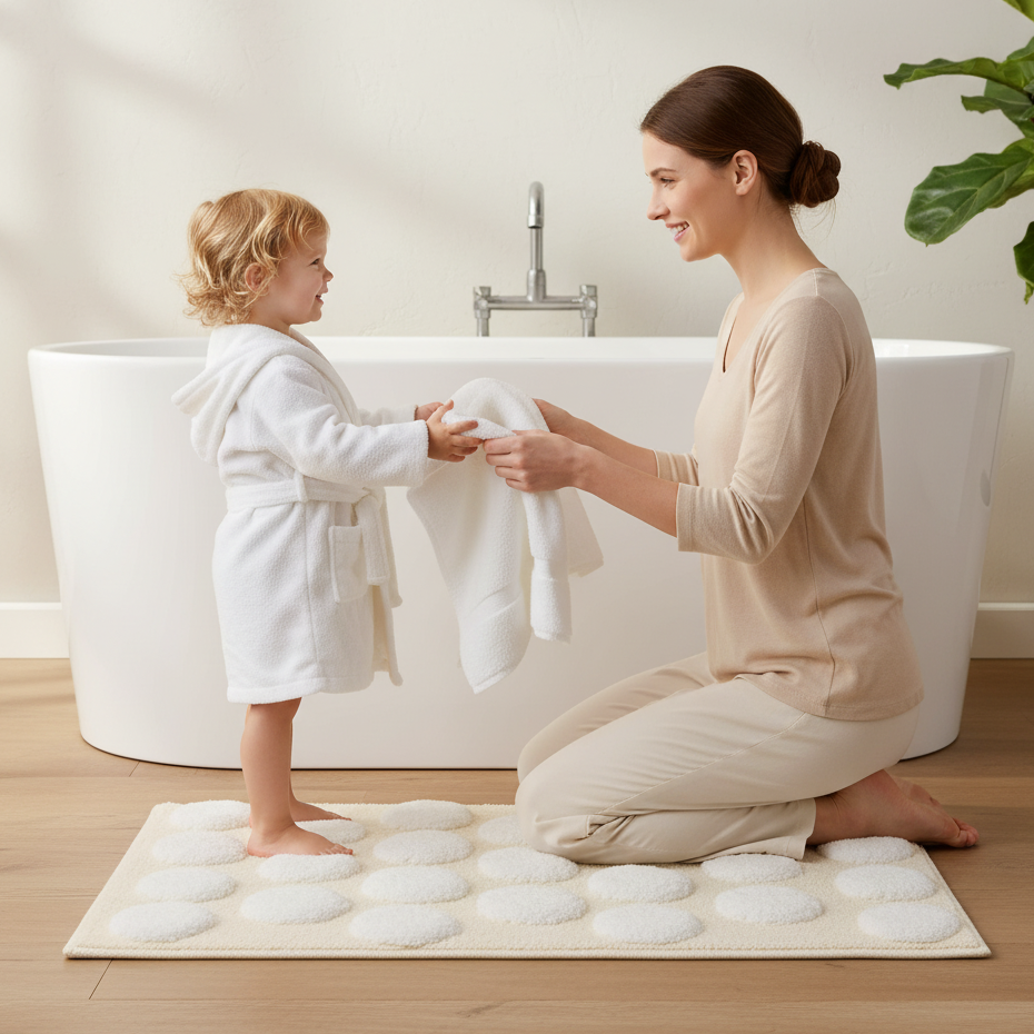 Polka Cotton Bath Mat with Anti-Slip - 40x60cm, Ivory