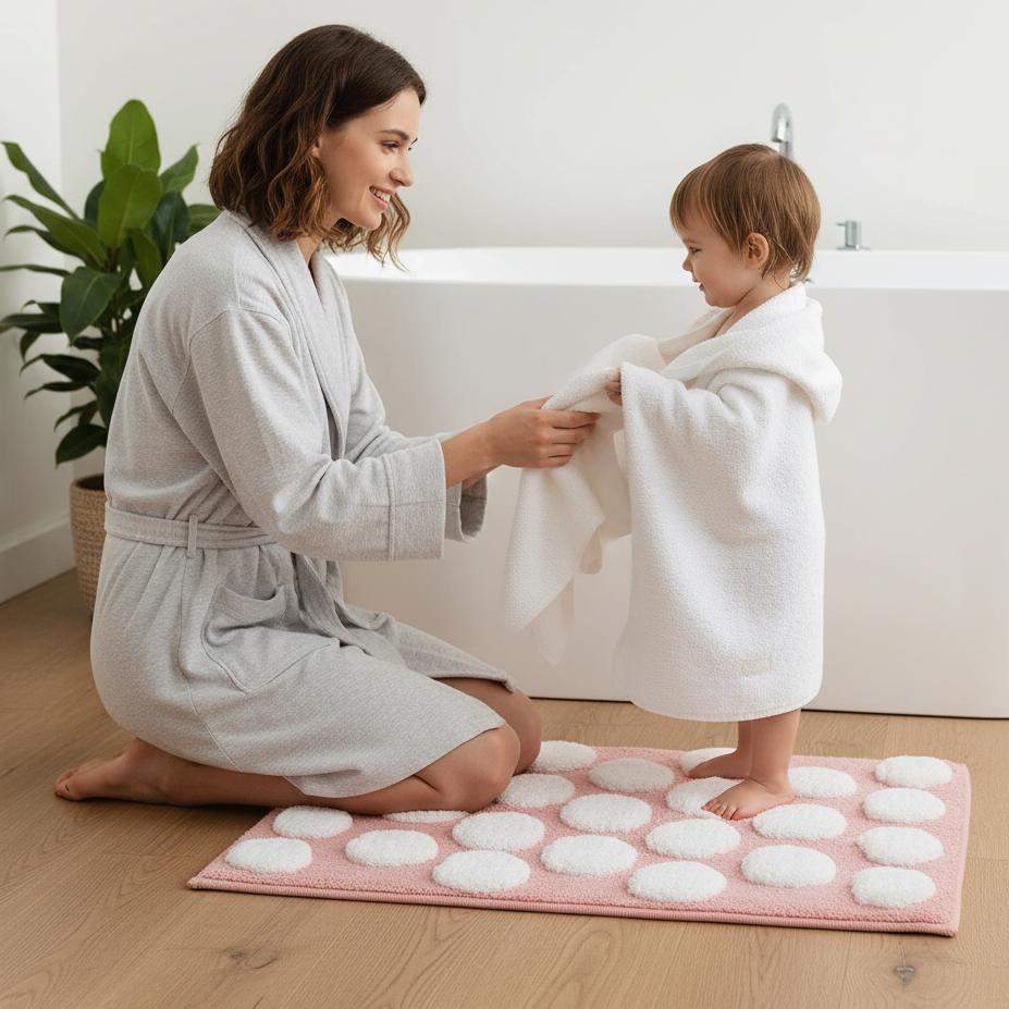Polka Cotton Bath Mat with Anti-Slip - 40x60cm, Pink