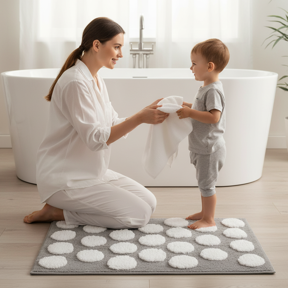 Polka Cotton Bath Mat with Anti-Slip - 50x80cm, Light Grey